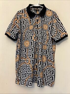 Moderno Black & White Geo Chain Print Polo with Gold Medallions Size XL EUC